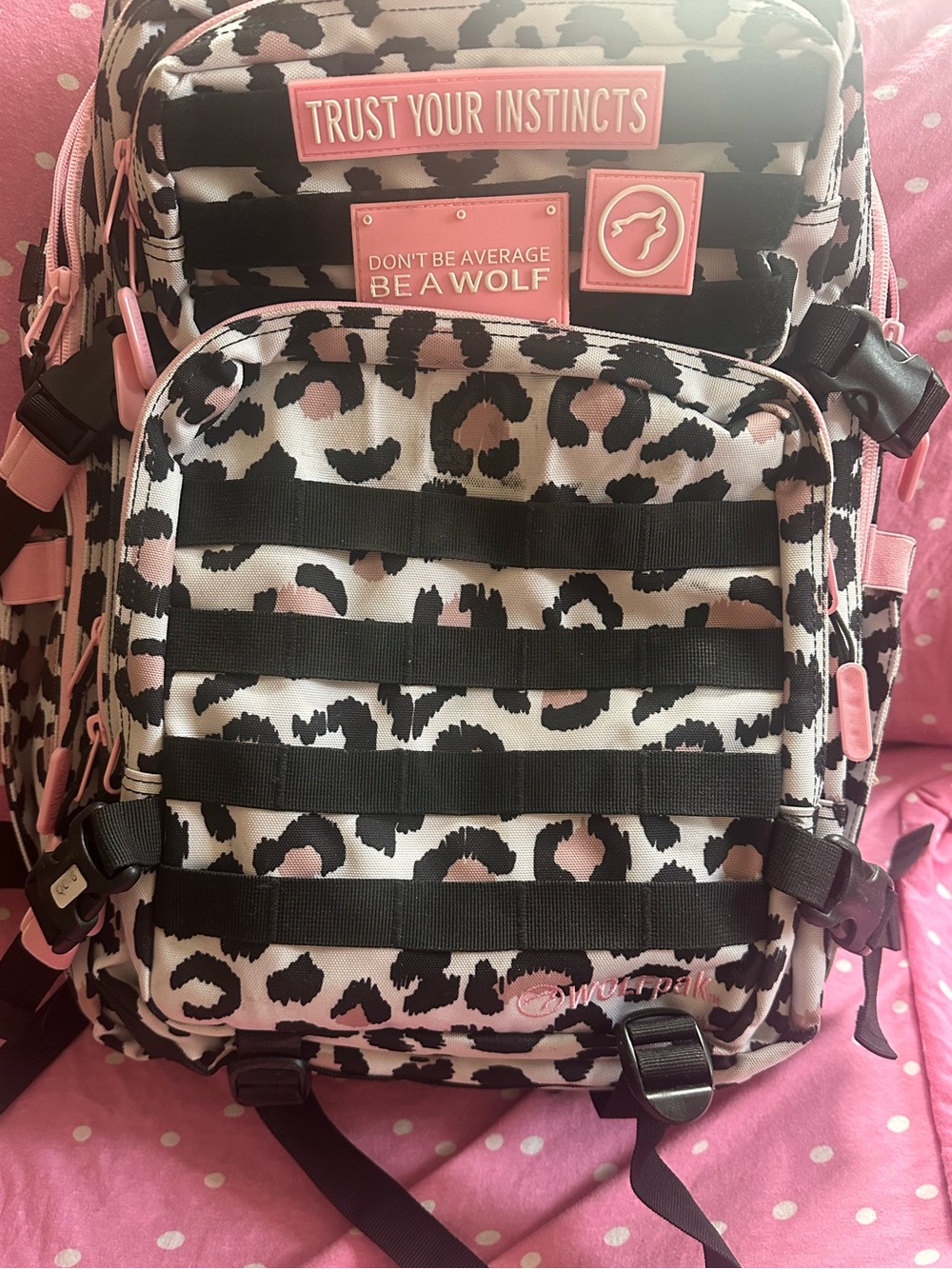 Pink Leopard wolfpak Travel Backpack with removable Patches